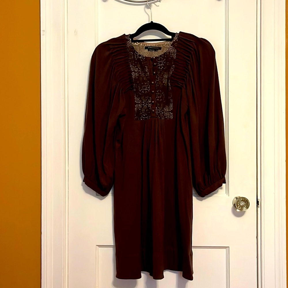 BCBG MAXAZRIA Brown Long Sleeve Lace Top Dress. Size XS